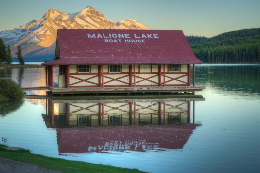 Maligne Lake Boathouse at sunset